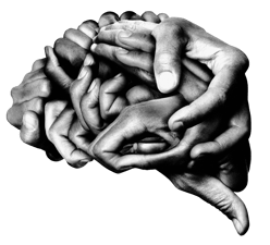 Multiple hands forming the shape of a brain